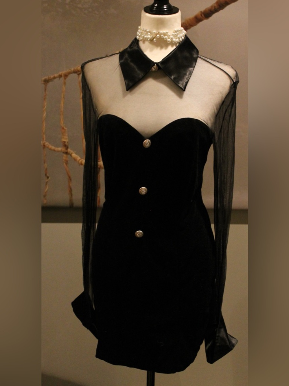 Black Velvet Sheer-Sleeve Mini Dress with Faux Leather Collar